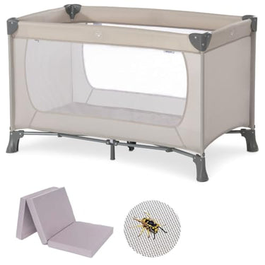 Hauck Baby Reisebett Set Dream n Play mit extra Alvi Komfort Matratze und Moskitonetz - faltbares Kinder Babyreisebett mit Tasche - Beige im Sale